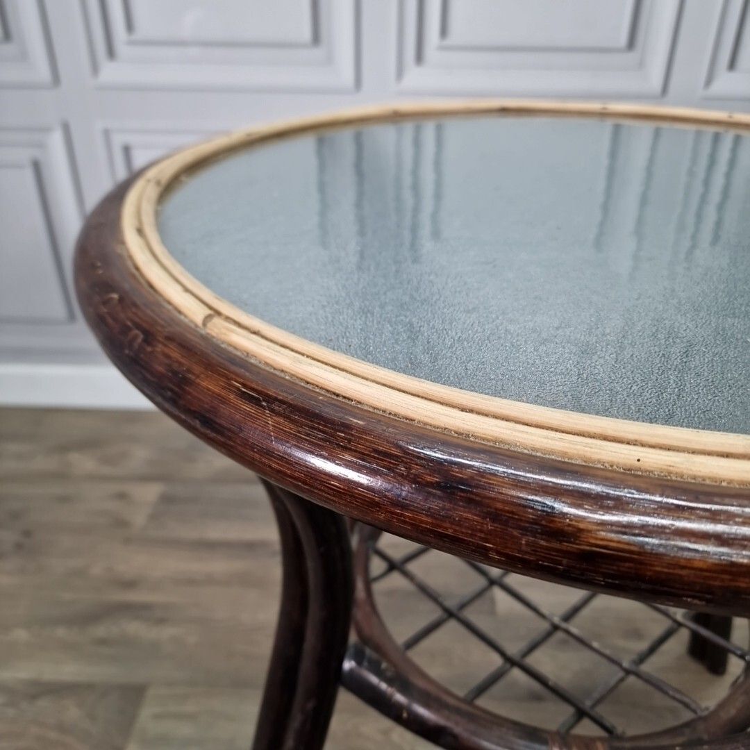 Furniture Vintage Rattan Glass Table Mid Century Bistro Bamboo Top Boho Tiki Retro photo