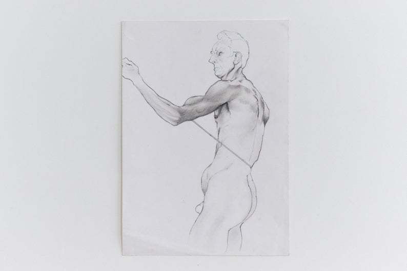 Vintage 1980s Original Pencil Drawing Of A Nude Male By Robert Arthur Bramwell photo furniture