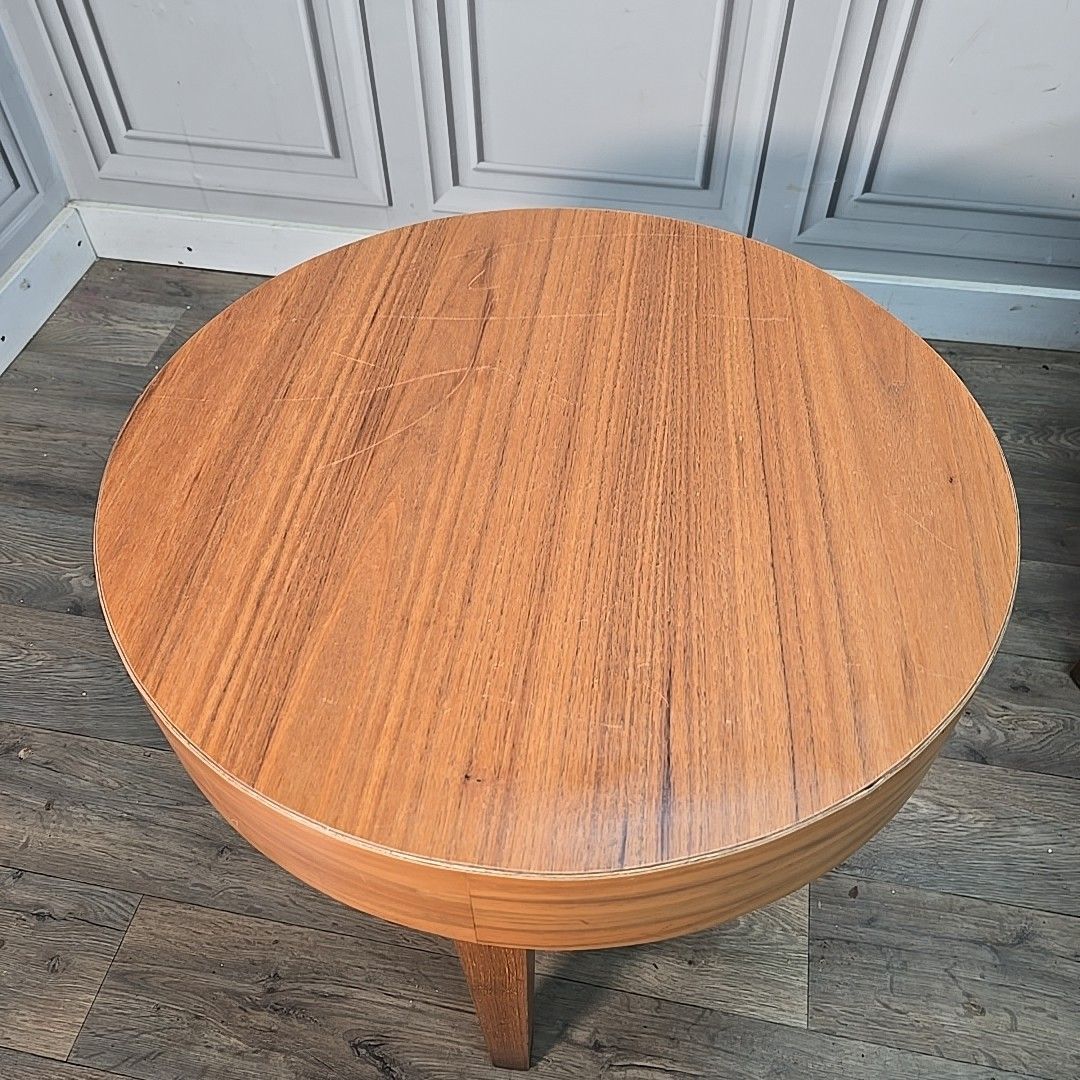 Vintage Round Side Tables Teak Veneer  – Mid Century Pair – Wooden Coffee Mcm photo for sale