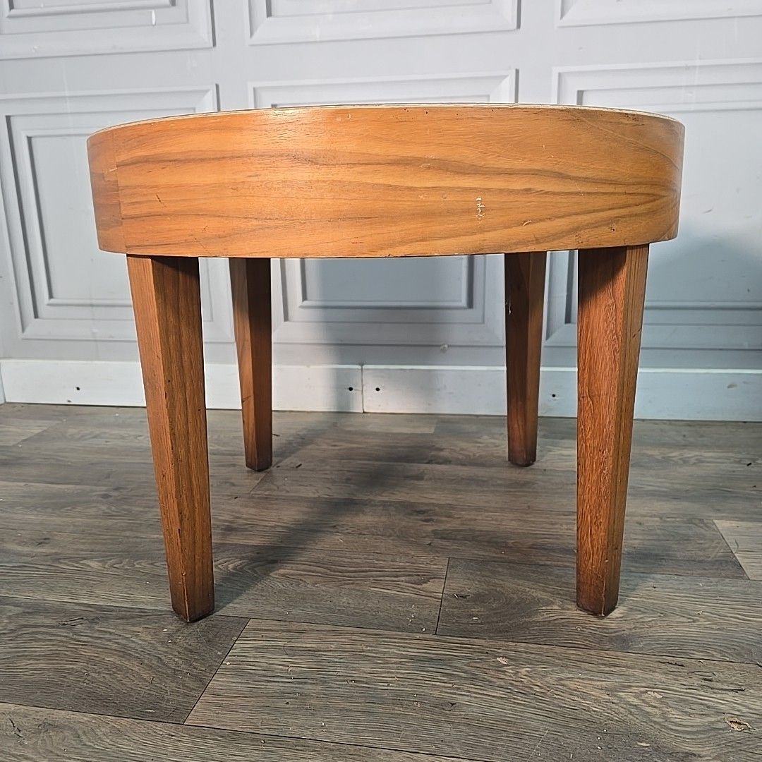 photo furniture Vintage Round Side Tables Teak Veneer  – Mid Century Pair – Wooden Coffee Mcm