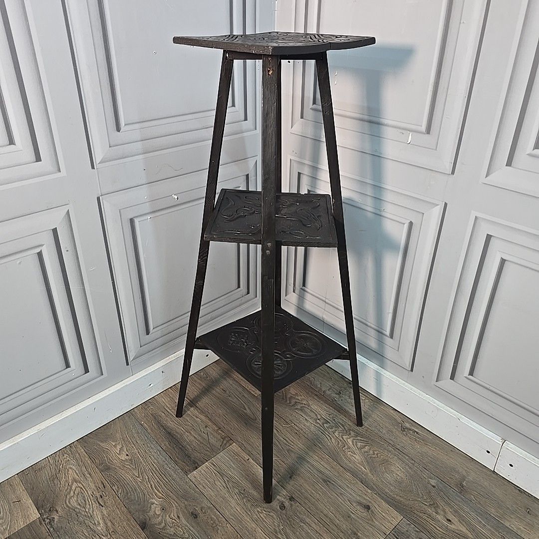 Antique Plant Stand Table Arts & Crafts Three Tier Carved Display Ebonised Wood photo furniture