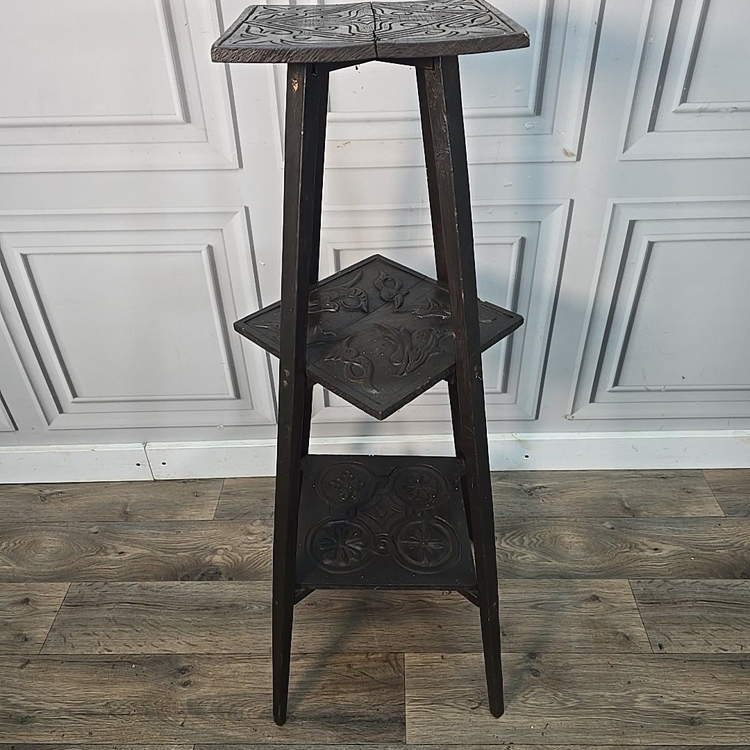 Antique Plant Stand Table Arts & Crafts Three Tier Carved Display Ebonised Wood photo for sale