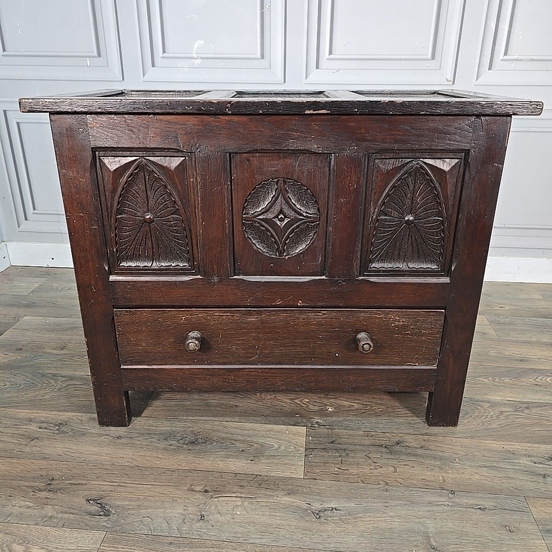 Antique Oak Coffer Storage Trunk Chest – Carved Panels – Box Drawers Jacobean photo vinterior