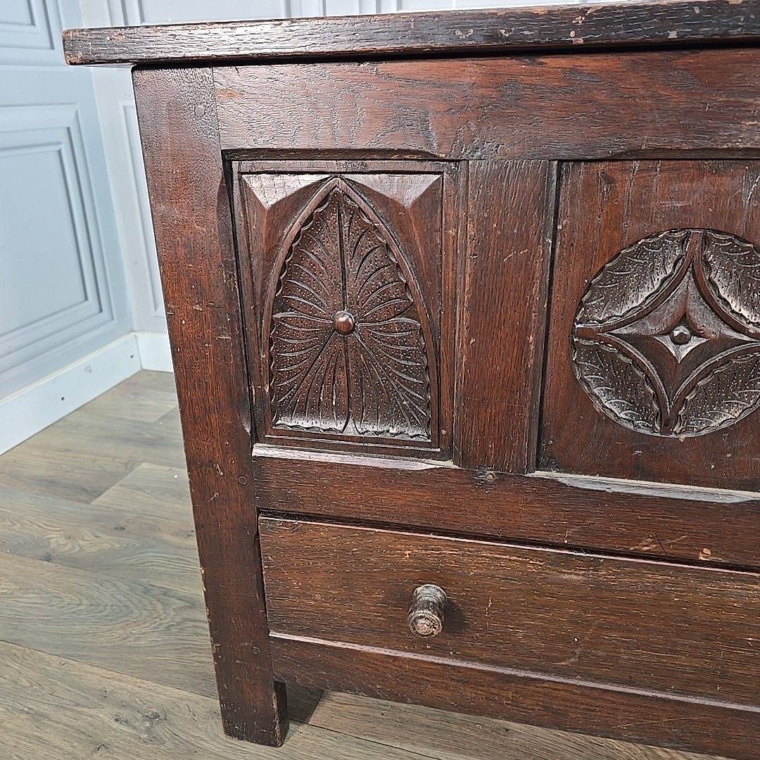 Antique Oak Coffer Storage Trunk Chest – Carved Panels – Box Drawers Jacobean photo buy