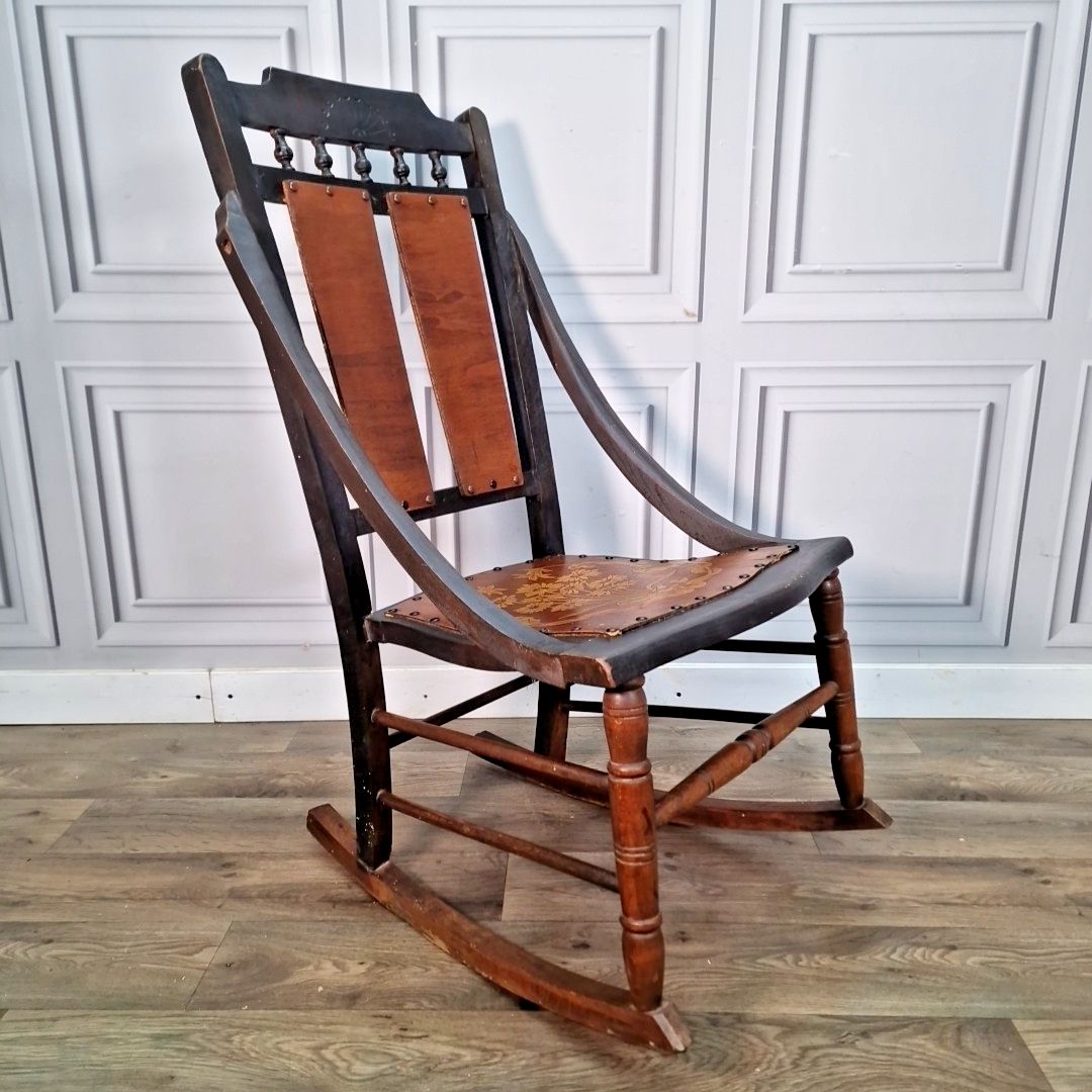 Antique Wooden Rocking Chair Moulded Panelled Seat  Turned Frame Victorian