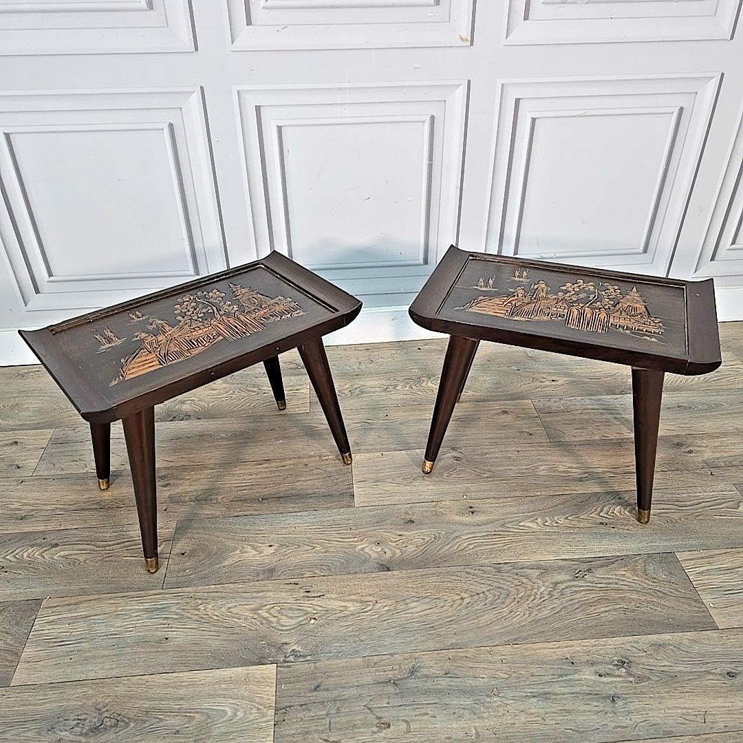 Vintage Oriental Side Tables Pair Mid Century Tapered Legs Carved Scene Retro