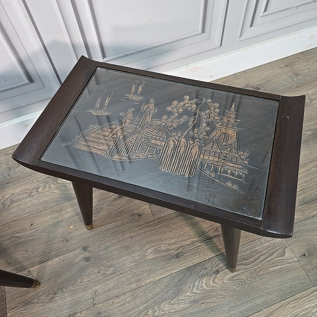 Vintage Oriental Side Tables Pair Mid Century Tapered Legs Carved Scene Retro photo 230.0