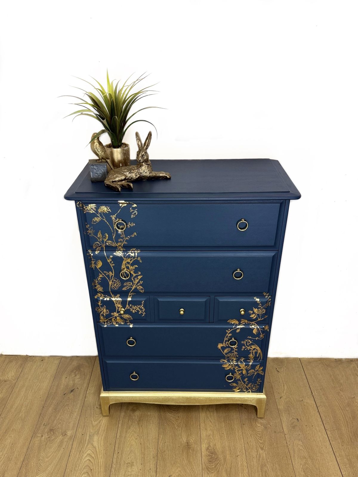 Refinished Stag Minstrel Tallboy Chest Of Drawers In Navy Blue With Gold Foil Floral Bird Design photo Furniture