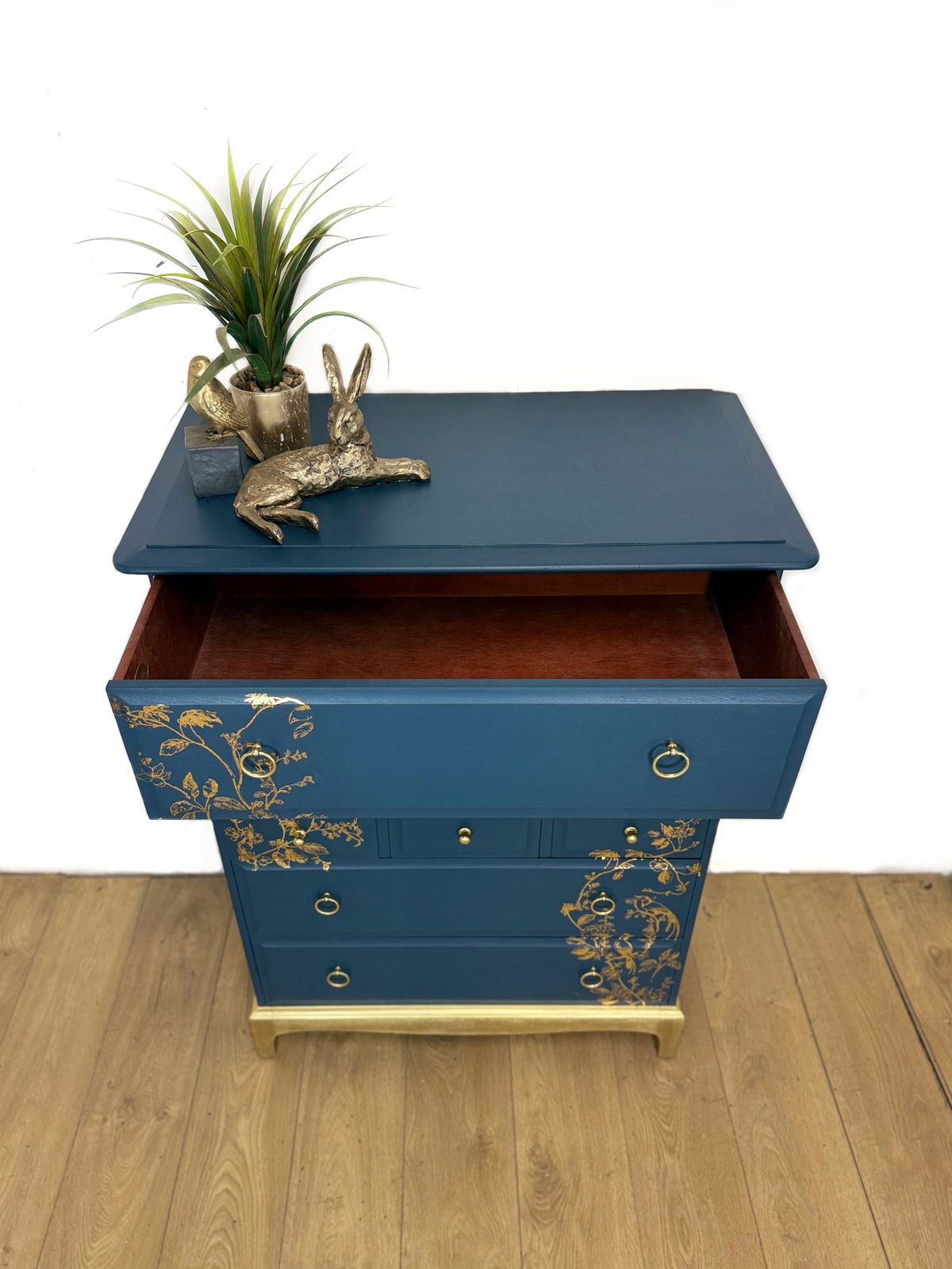 Refinished Stag Minstrel Tallboy Chest Of Drawers In Navy Blue With Gold Foil Floral Bird Design photo vintage