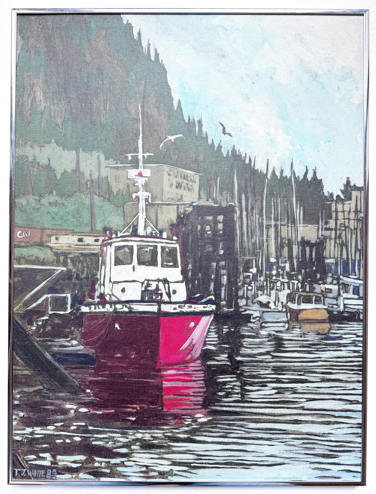 Timothy John White (1939 1999)   Oil On Board   Fishing Boats In Canadian Harbour photo furniture