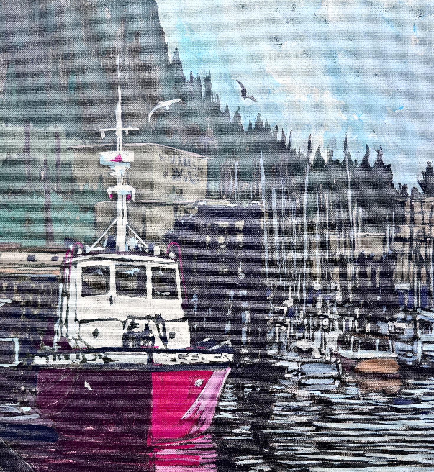 Timothy John White (1939 1999)   Oil On Board   Fishing Boats In Canadian Harbour photo for sale