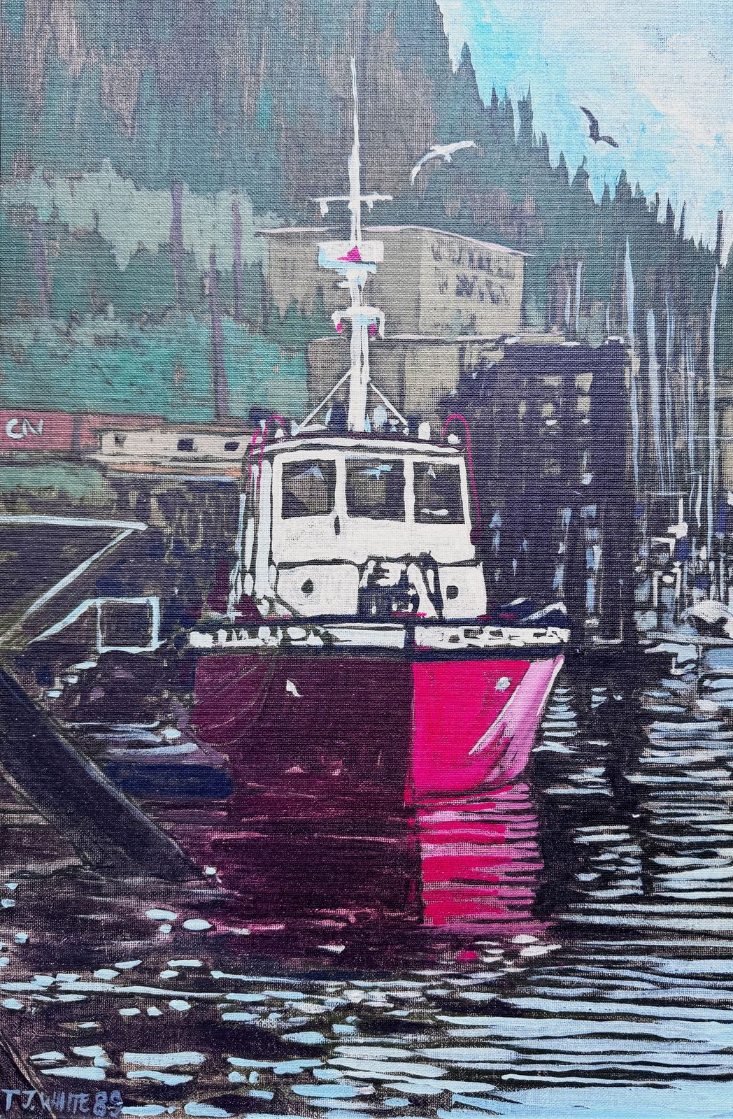Timothy John White (1939 1999)   Oil On Board   Fishing Boats In Canadian Harbour photo Art