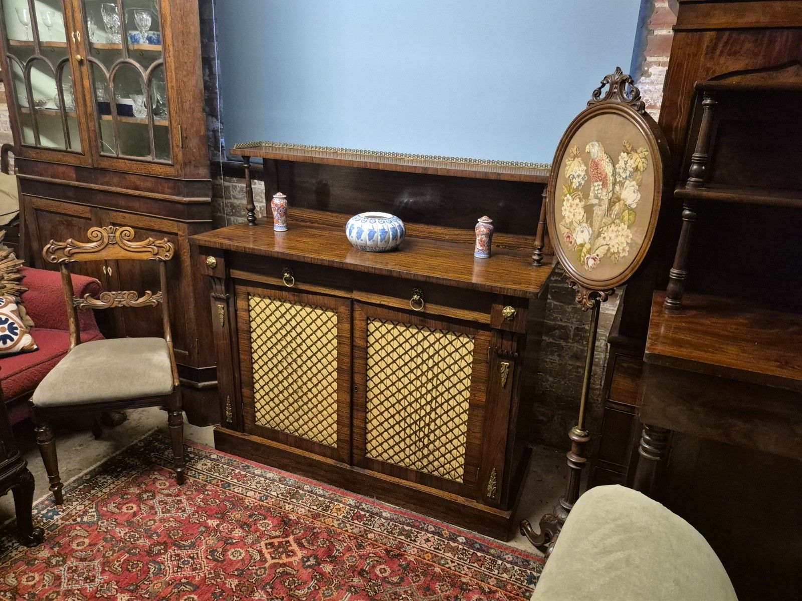 A Regency Rosewood Boho Credenza  Sideboard Circa Lions Head Brass Trellis C1820