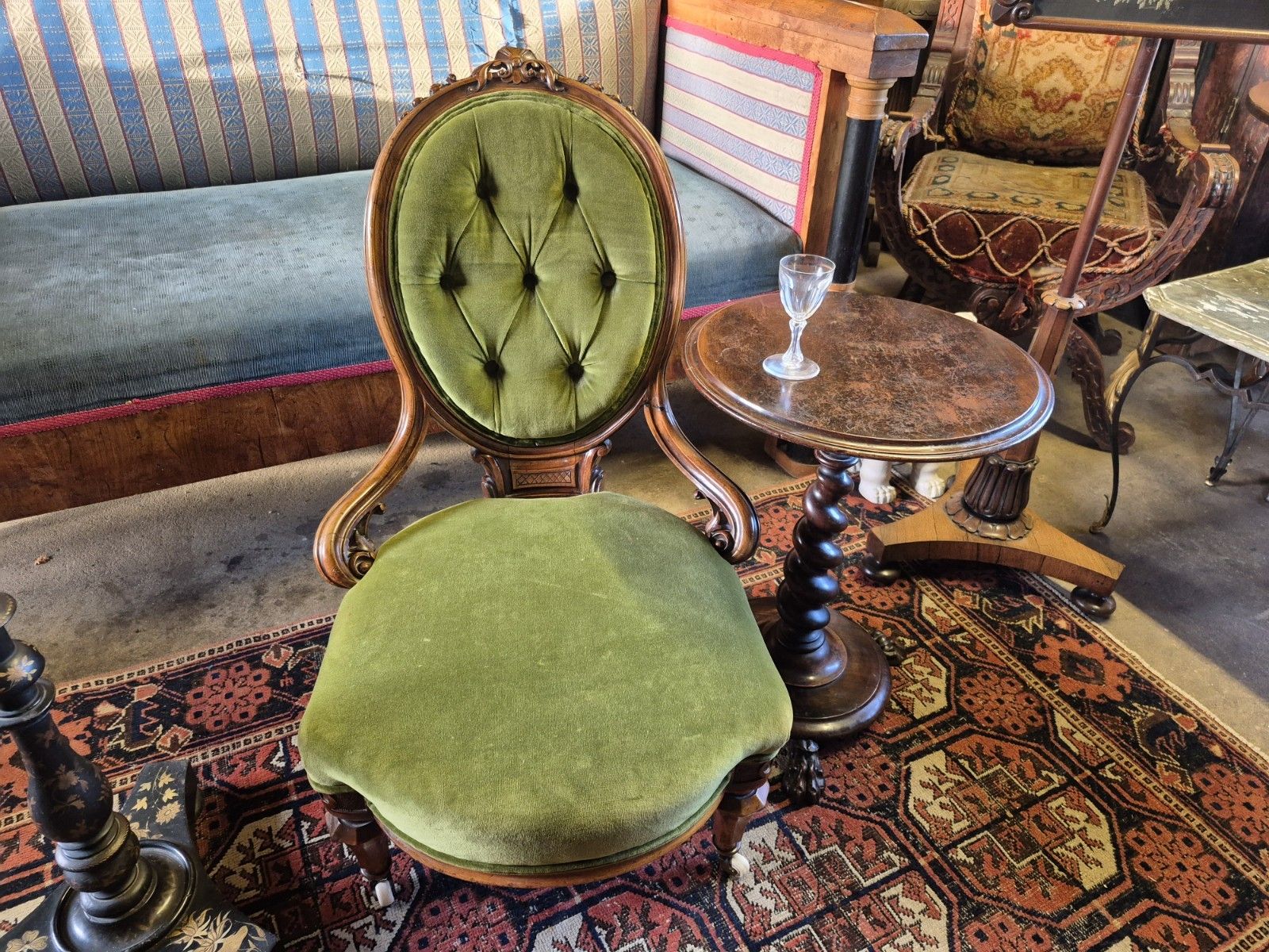 Epic Boho Green Velvet Early Victorian Carved Nursing Boudoir Chair On Castors photo furniture