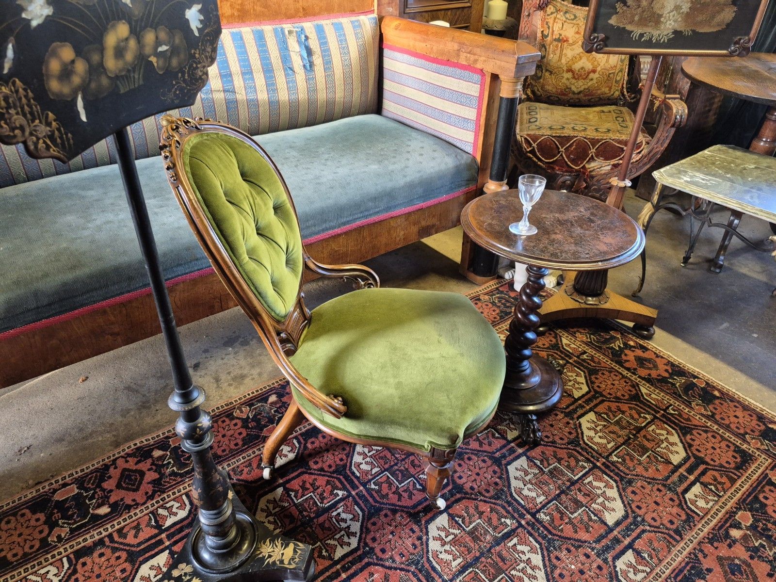 Epic Boho Green Velvet Early Victorian Carved Nursing Boudoir Chair On Castors photo buy