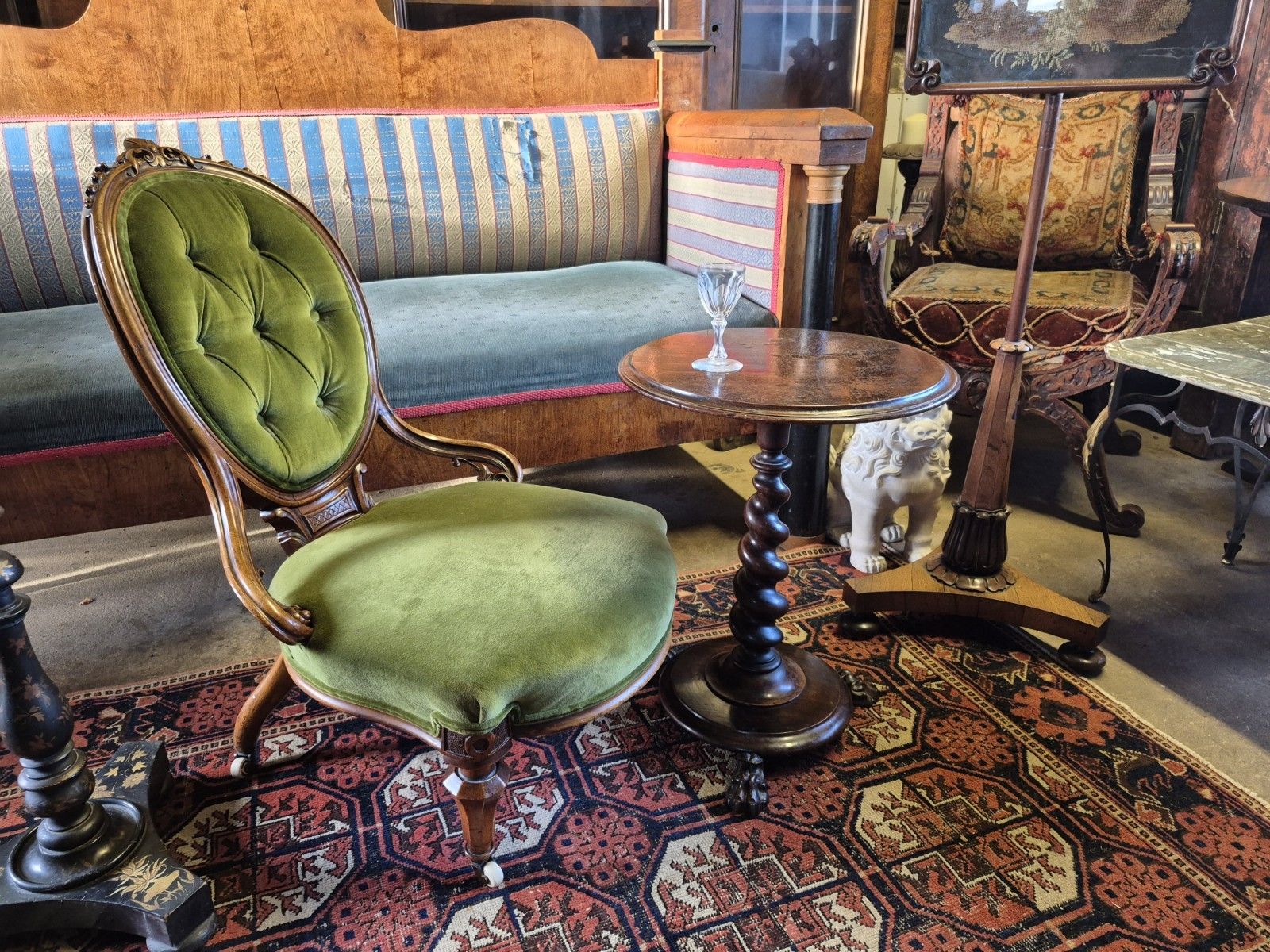 photo furniture Epic Boho Green Velvet Early Victorian Carved Nursing Boudoir Chair On Castors