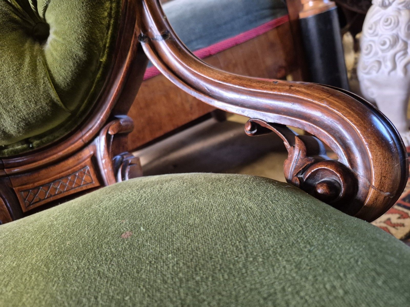 photo for sale Epic Boho Green Velvet Early Victorian Carved Nursing Boudoir Chair On Castors