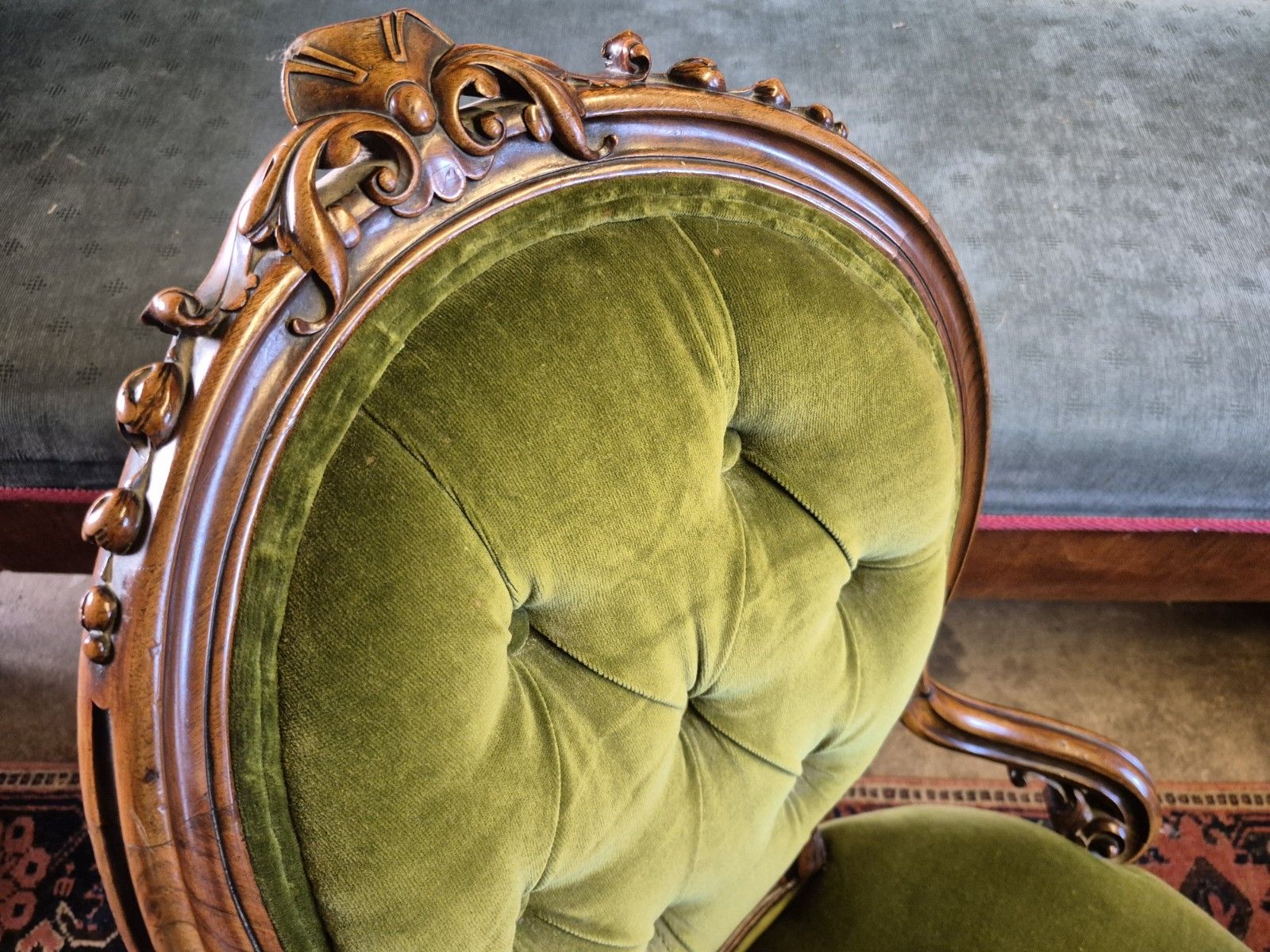 245.0 Epic Boho Green Velvet Early Victorian Carved Nursing Boudoir Chair On Castors photo
