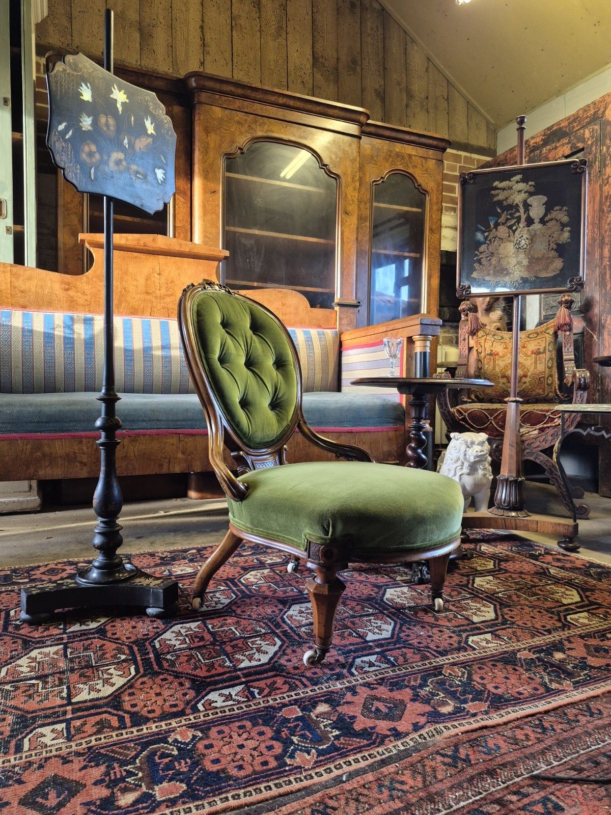 photo buy Epic Boho Green Velvet Early Victorian Carved Nursing Boudoir Chair On Castors