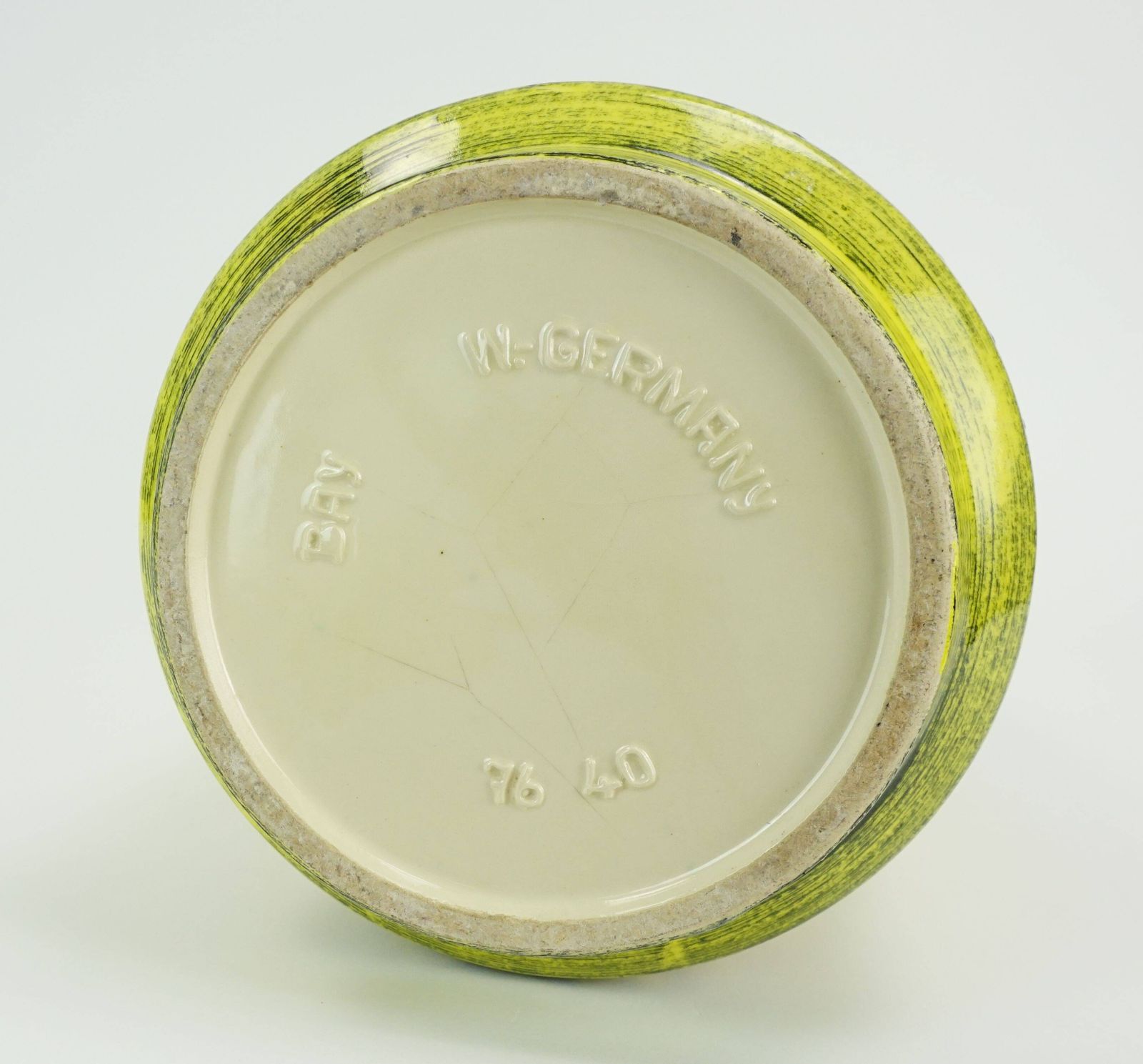 photo for sale 1960s Bay Ceramic Vase With Raised Floral Decoration In Green, Yellow, And Black, Model 76 40