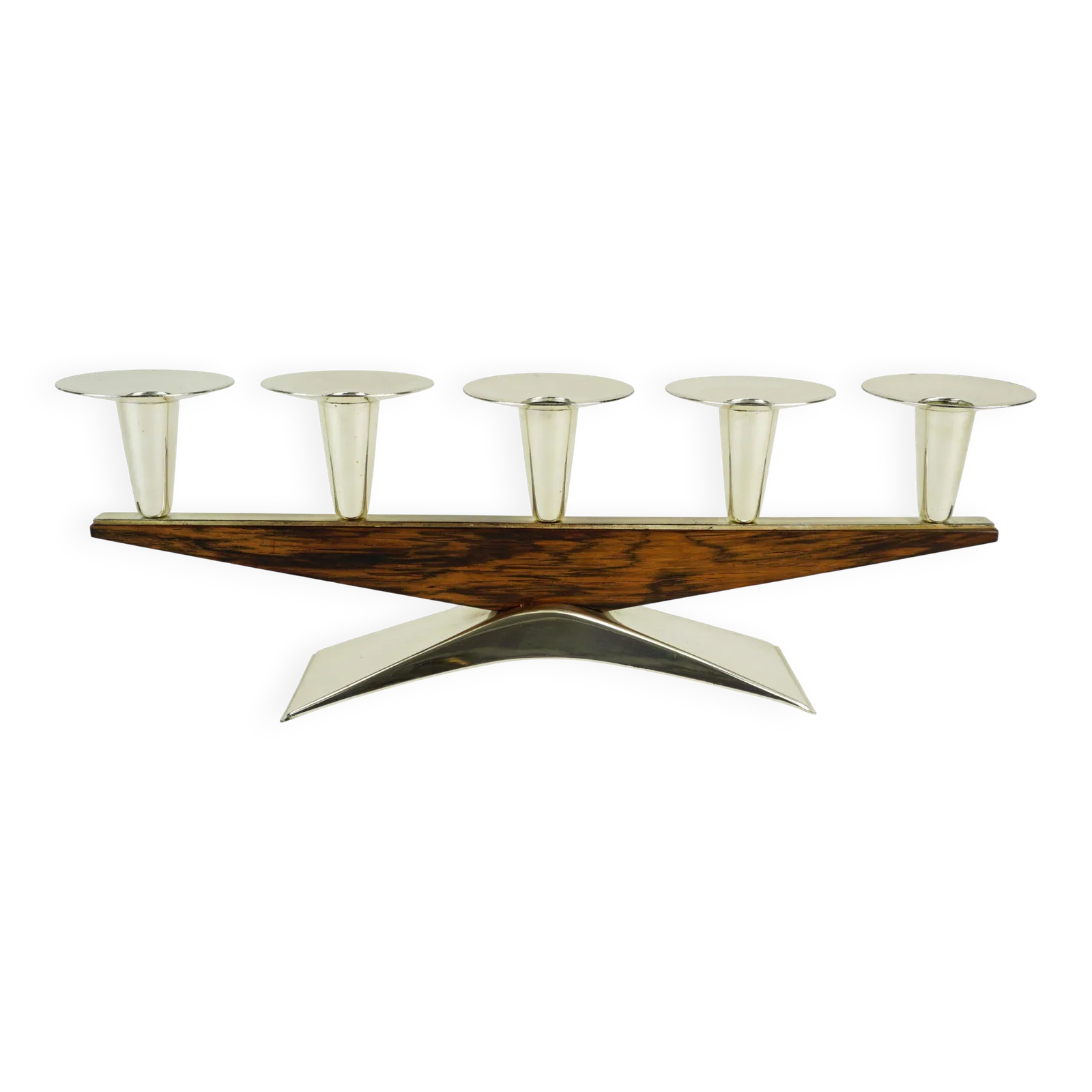 Modern Mid Century Candle Holder In Silver Plated Metal And Wood From The 1950s 1960s