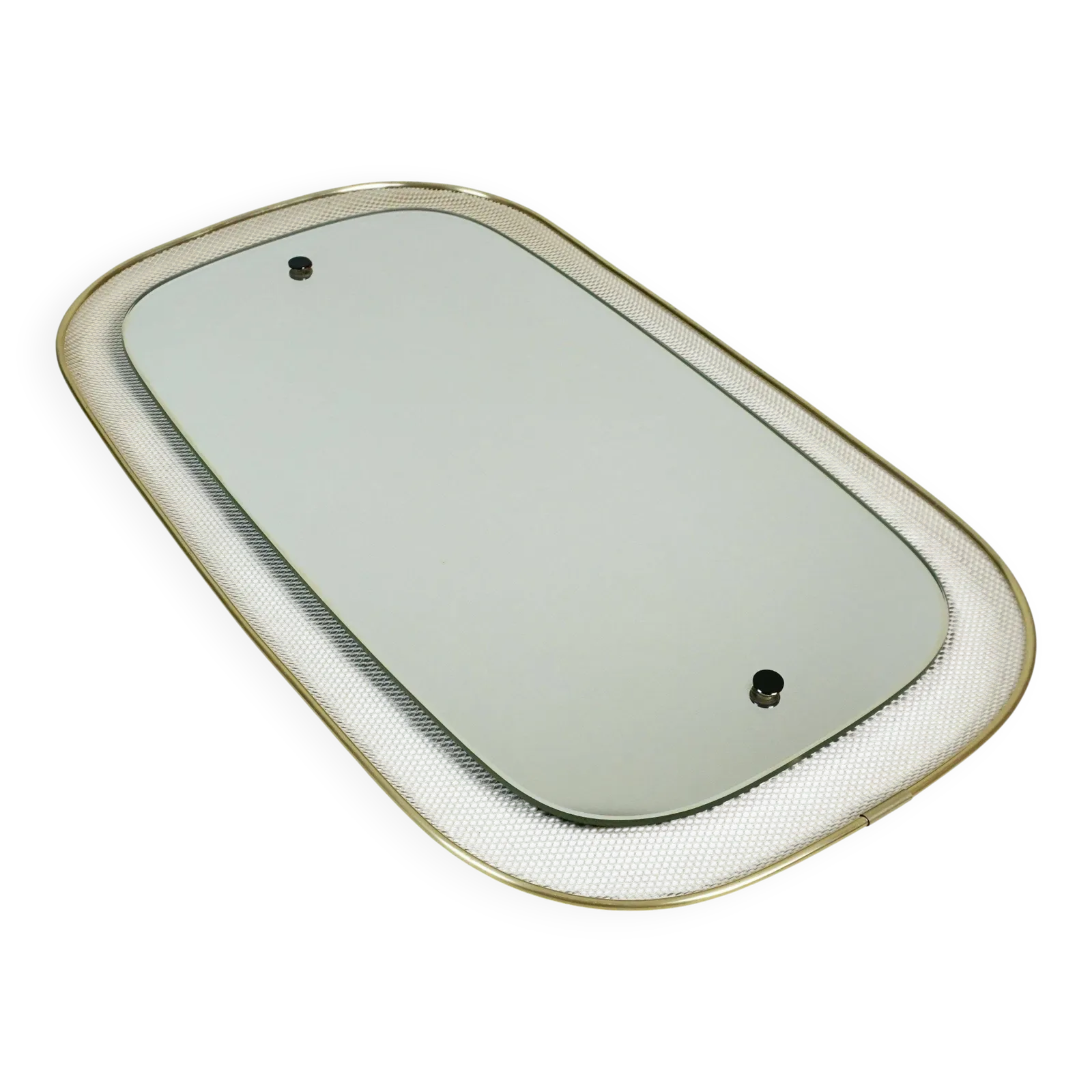 303.0 Beautiful 1950s Wall Mirror In Mid Century Modern Style With A Metal Mesh And Brass Frame photo