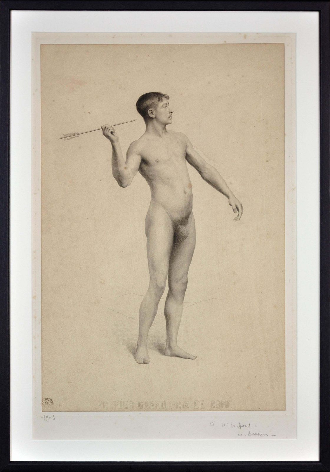 Framed Period Print Grand Prix De Rome Submission Circa 1906 Académie D’homme Nude Throwing An Arrow
