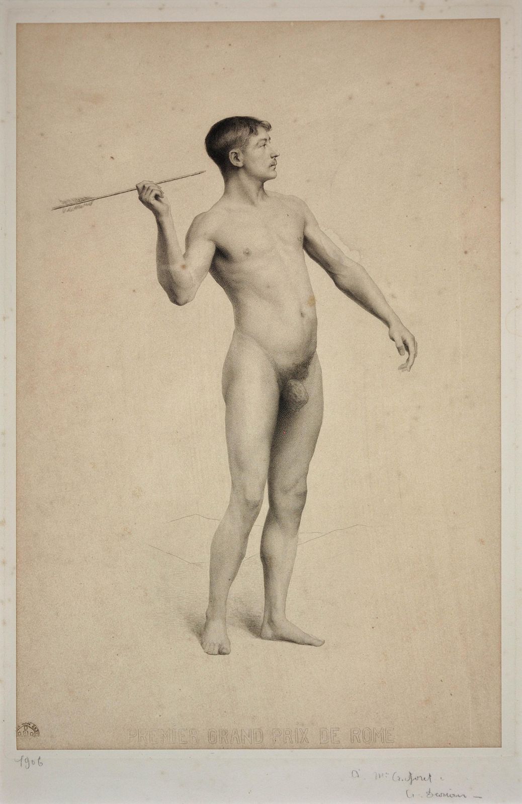 Framed Period Print Grand Prix De Rome Submission Circa 1906 Académie D’homme Nude Throwing An Arrow photo furniture