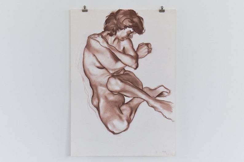 Vintage 1987 Original Signed Pastel Life Drawing By Artist Robert Arthur Bramwell photo furniture