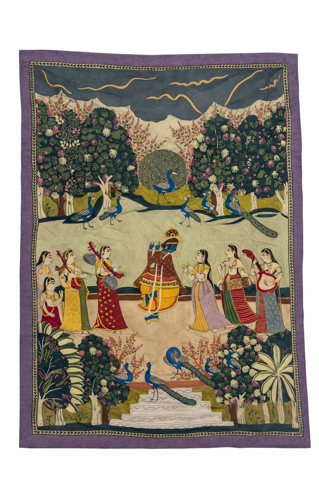Hand Embroidered Krishna Ras Leela Tapestry | Rare Vintage Indian Textile| Eco Friendly Vegetable Dyes| Circa 1990s.