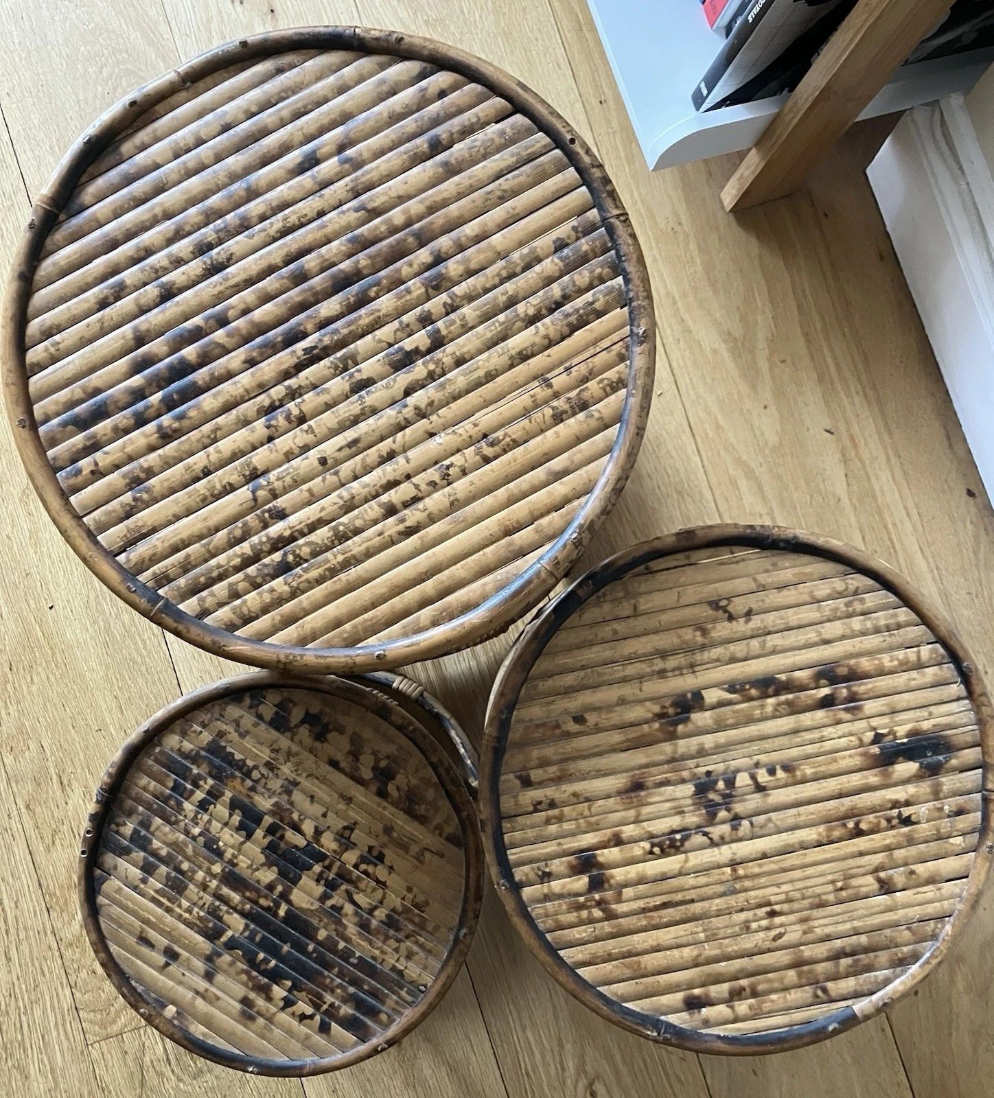 Nest Of 3 Side Tables Tiger Bamboo Oriental Rattan Cane Round Plant Stands photo furniture