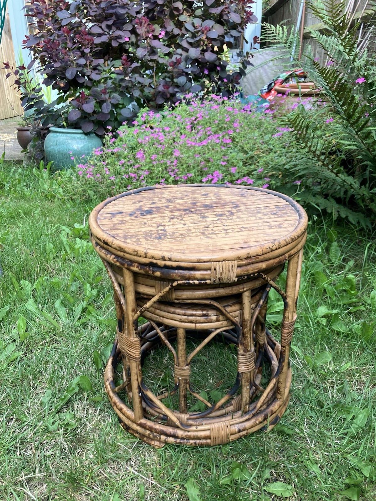 Nest Of 3 Side Tables Tiger Bamboo Oriental Rattan Cane Round Plant Stands photo 225.0