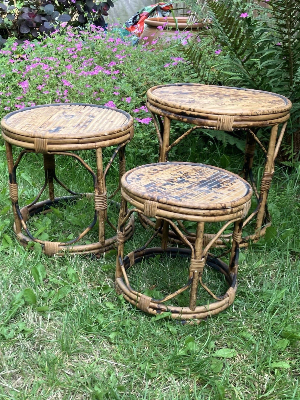Nest Of 3 Side Tables Tiger Bamboo Oriental Rattan Cane Round Plant Stands