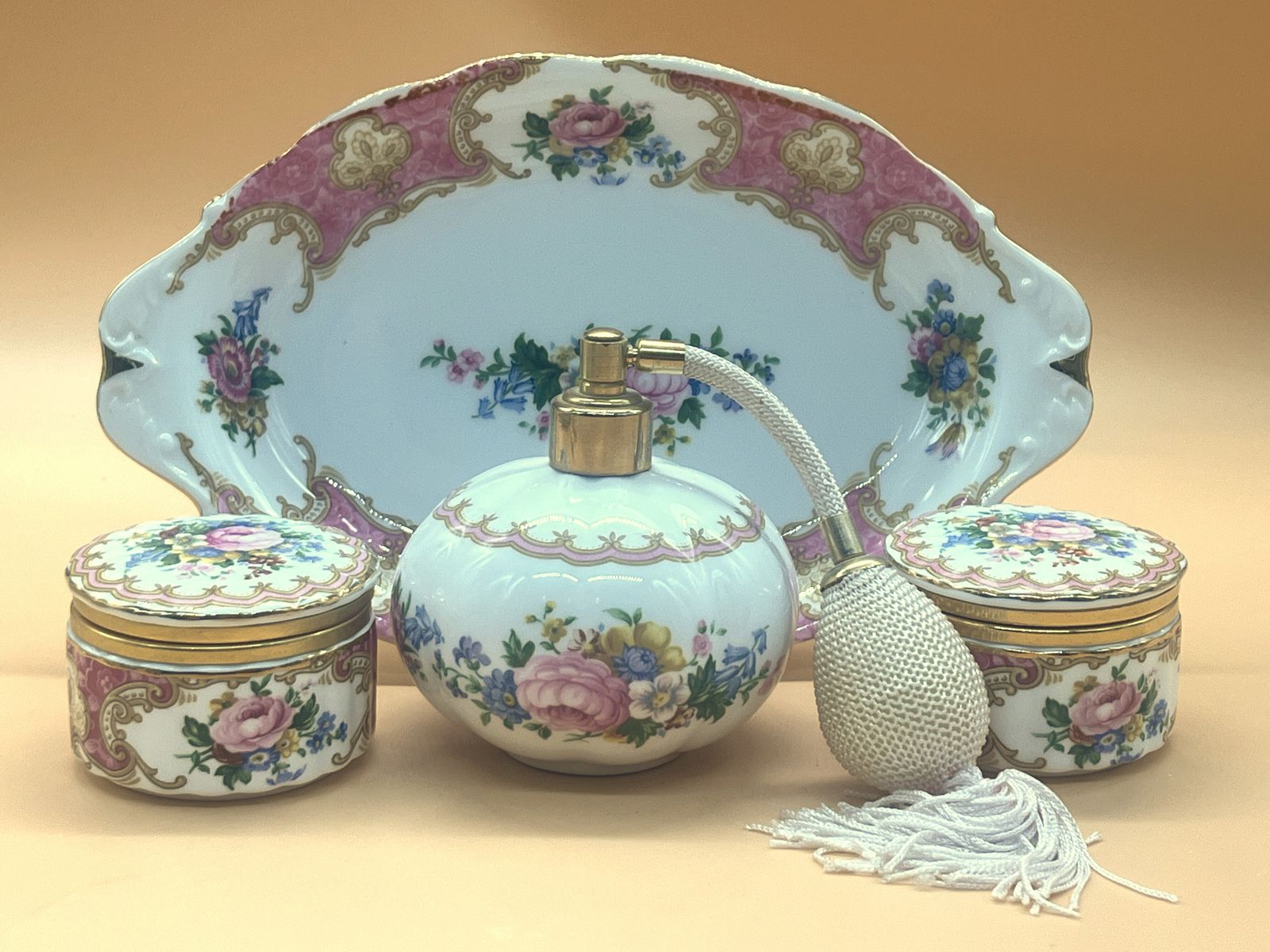 Vintage Royal Albert China Lady Carlyle Vanity Set. Perfume Atomizer, 2 Hinged Trinket Boxes & A Tray. 1944 Mark.