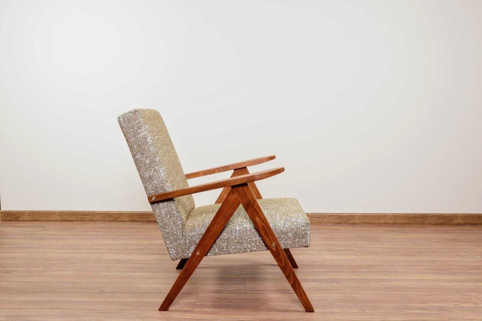 Vintage Armchair Wooden Lounge Chair Green Braid Upholstery, Fully Refurbished photo furniture