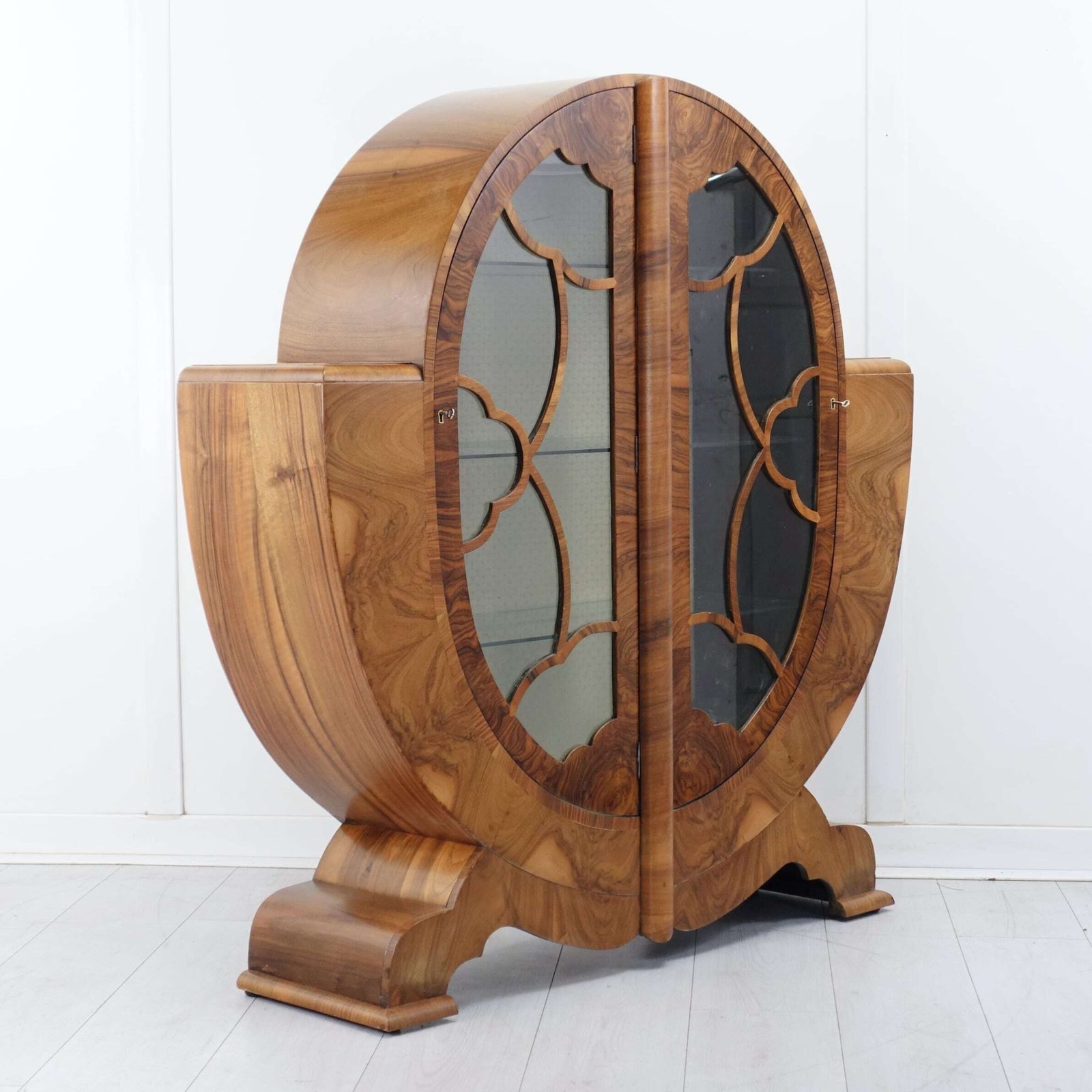 Art Deco Figured Walnut Oval Display Cabinet — English Circa 1930 photo vinterior