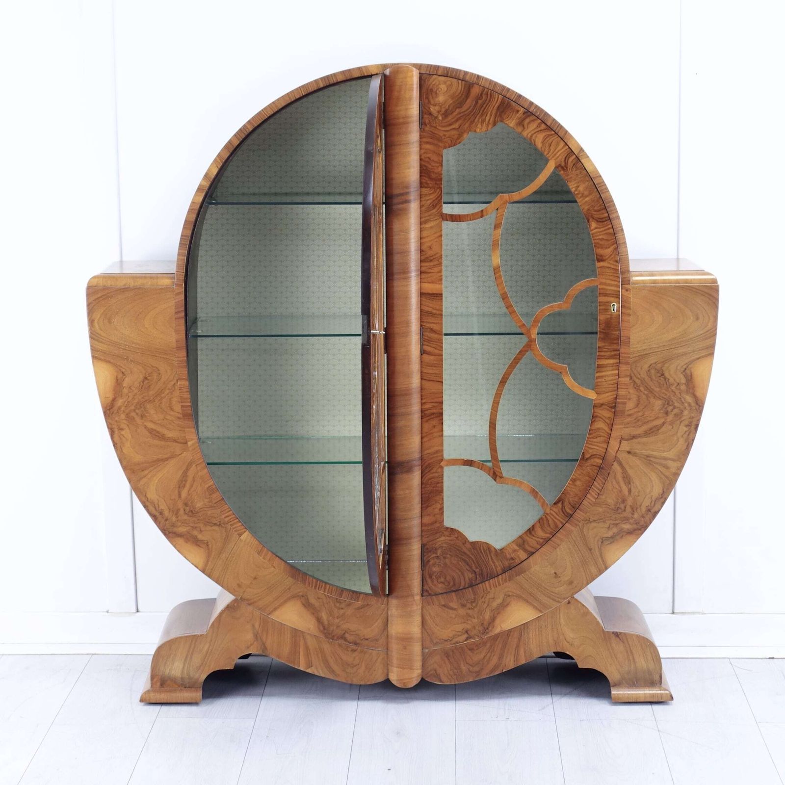 Furniture Art Deco Figured Walnut Oval Display Cabinet — English Circa 1930 photo