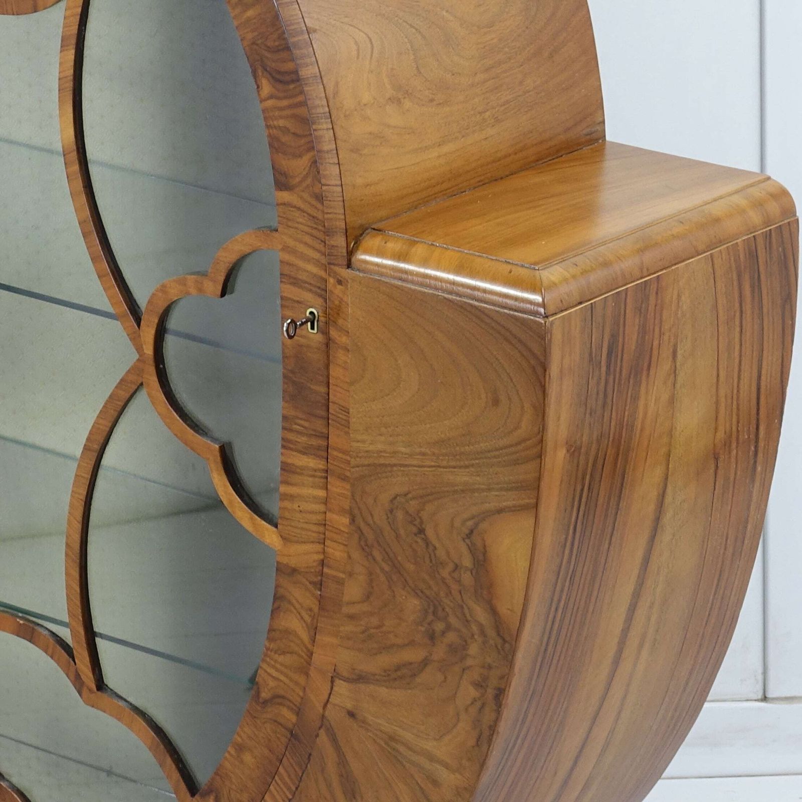 photo buy Art Deco Figured Walnut Oval Display Cabinet — English Circa 1930