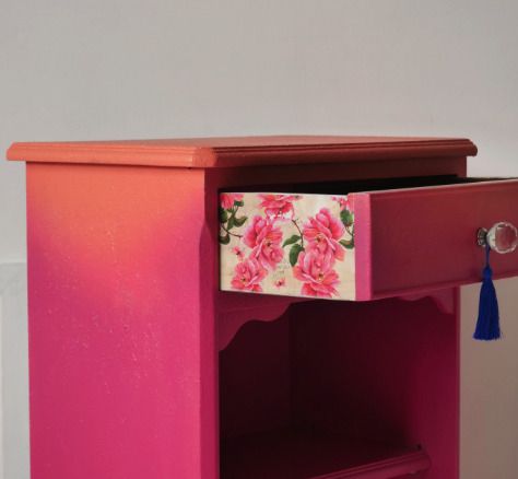Pink Side Table   Hand Painted Bedside Vanity   Ombre, Floral Drawers photo for sale