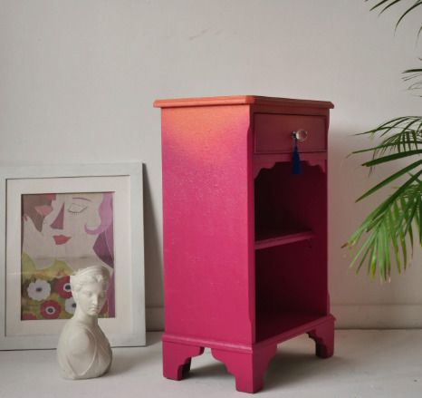 Pink Side Table   Hand Painted Bedside Vanity   Ombre, Floral Drawers photo buy