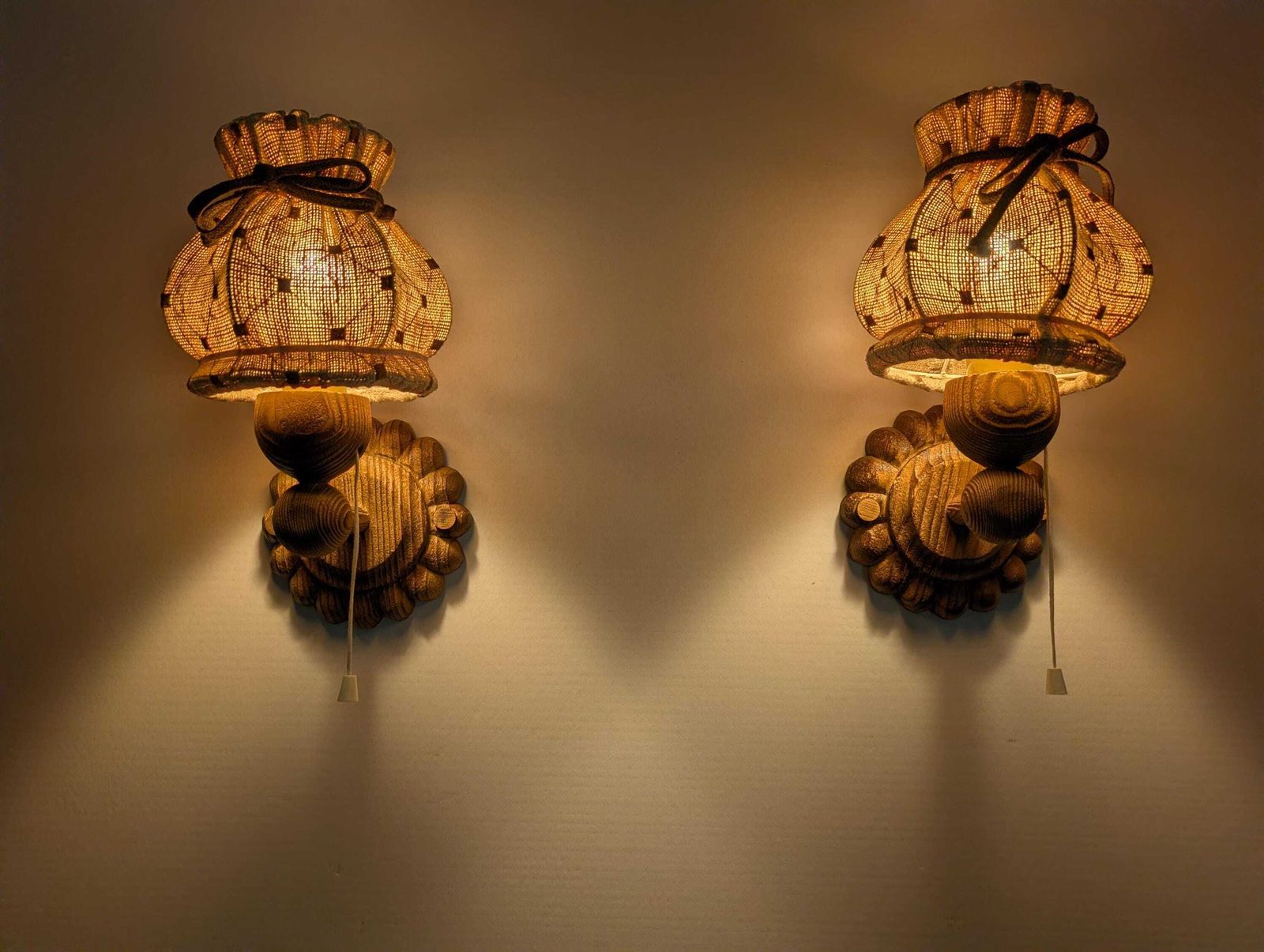 Pair Of Carved Pine Wall Sconces With Jute Shades, Swedish Design, 1970s. photo 1631.0