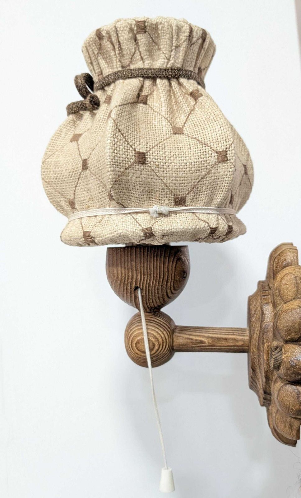 Pair Of Carved Pine Wall Sconces With Jute Shades, Swedish Design, 1970s. photo vinterior