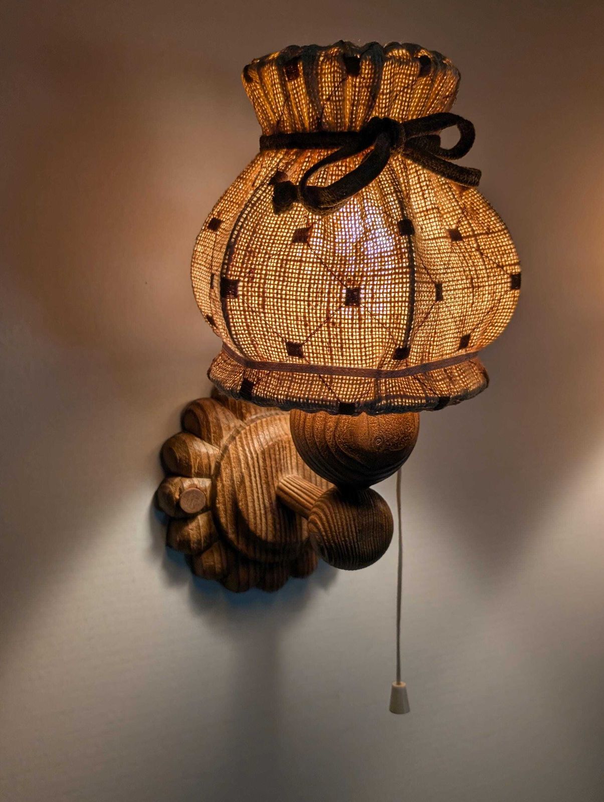 photo furniture Pair Of Carved Pine Wall Sconces With Jute Shades, Swedish Design, 1970s.