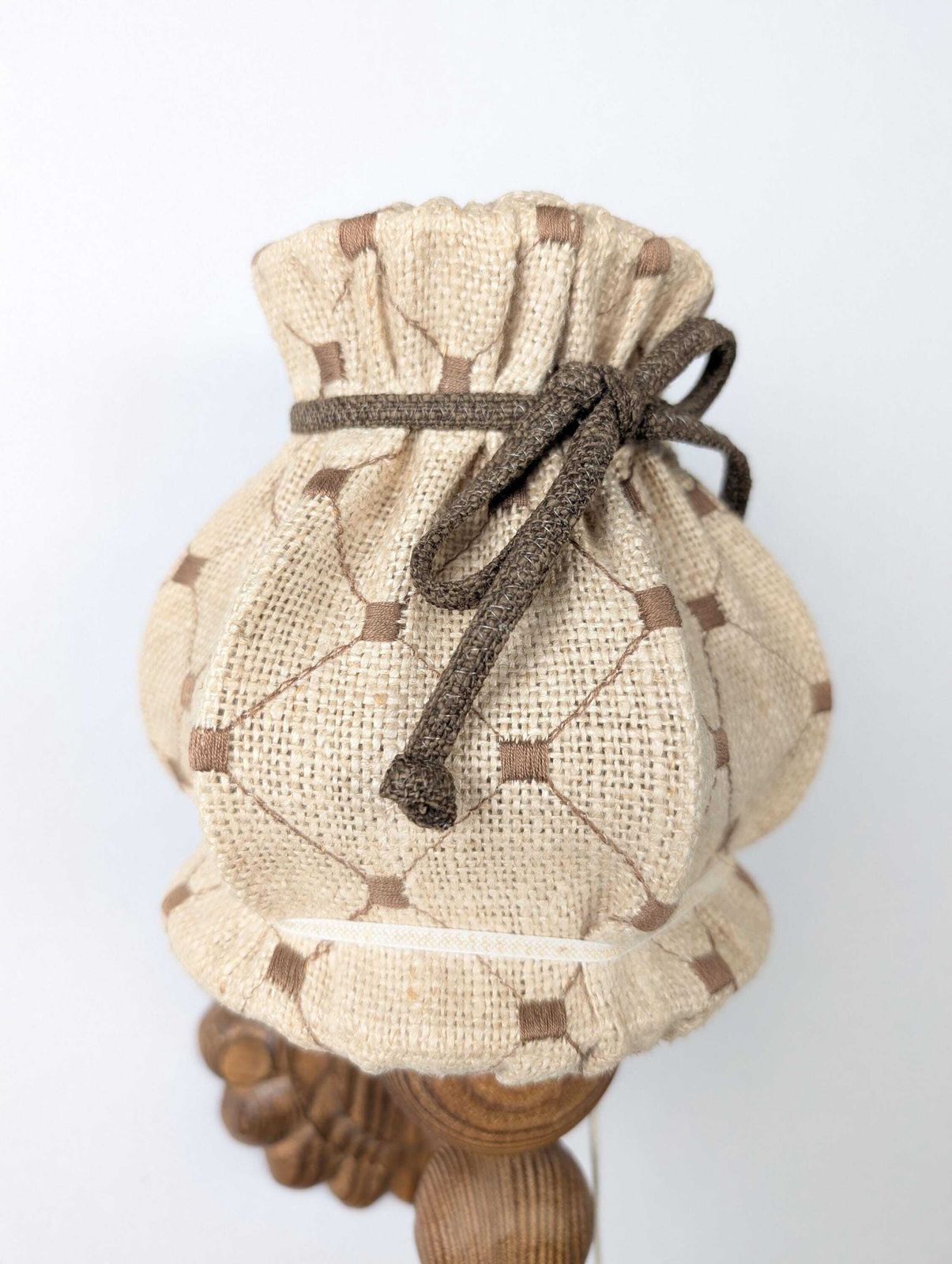 photo for sale Pair Of Carved Pine Wall Sconces With Jute Shades, Swedish Design, 1970s.
