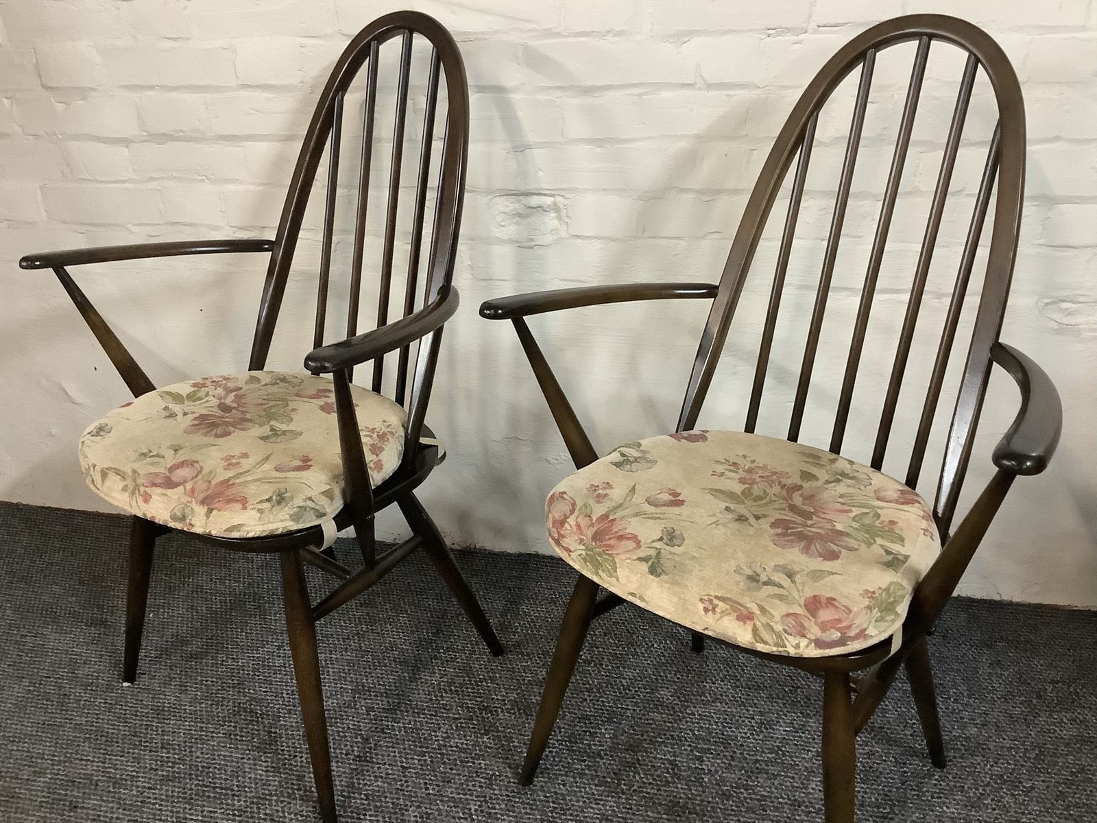 A Match Pair Of Ercol Windsor Quaker Back Carver Chairs.