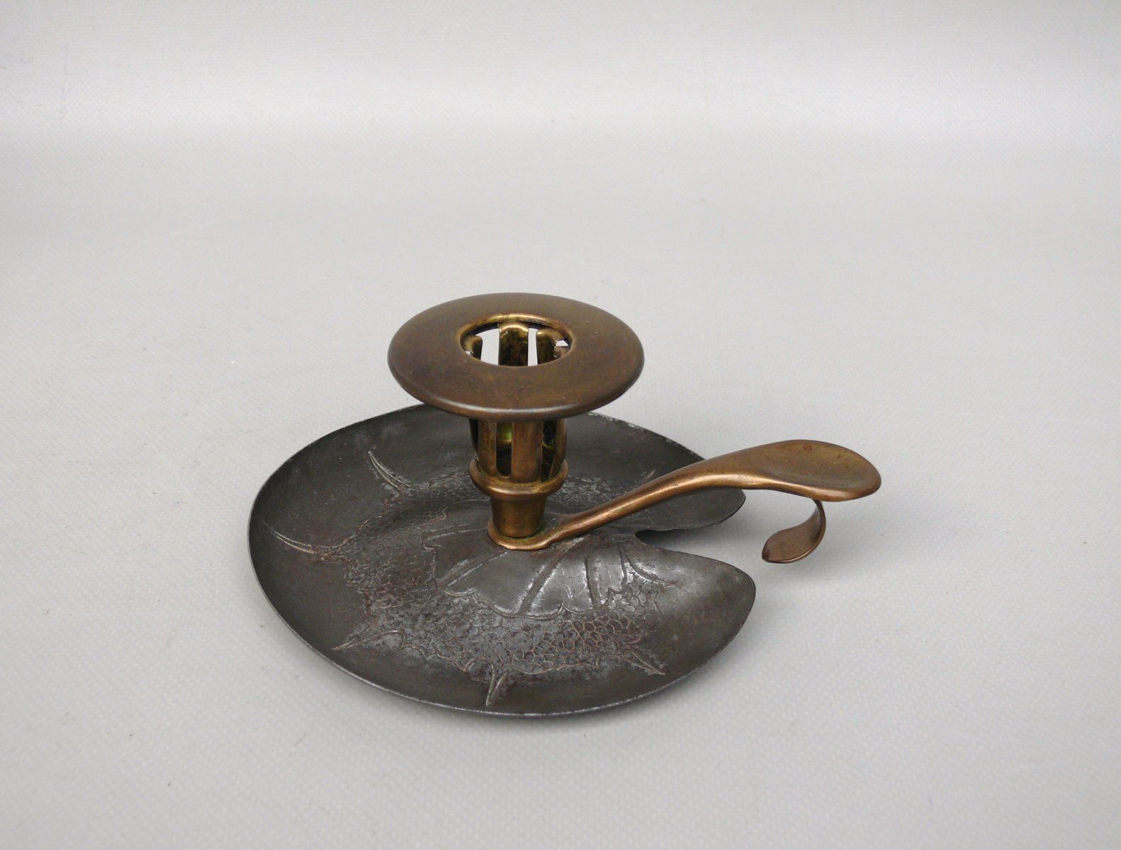 Art Nouveau Hand Held Candleholder In Steel, Brass Plated, 1903
