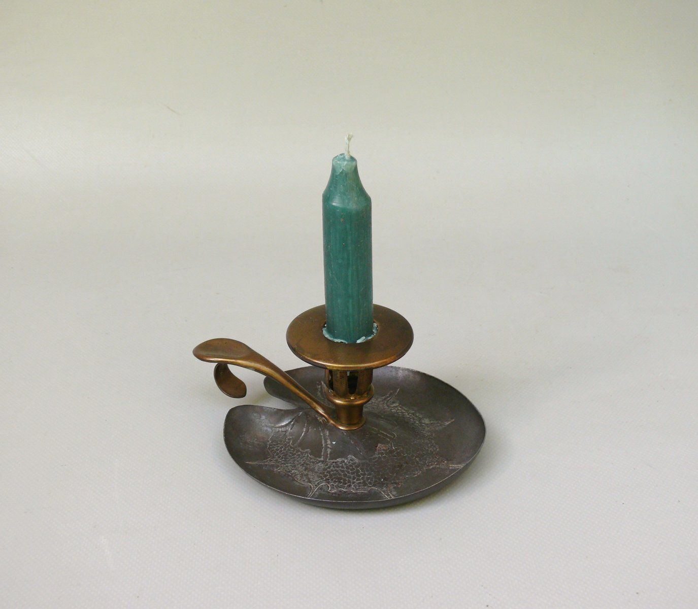 Art Nouveau Hand Held Candleholder In Steel, Brass Plated, 1903 photo vinterior