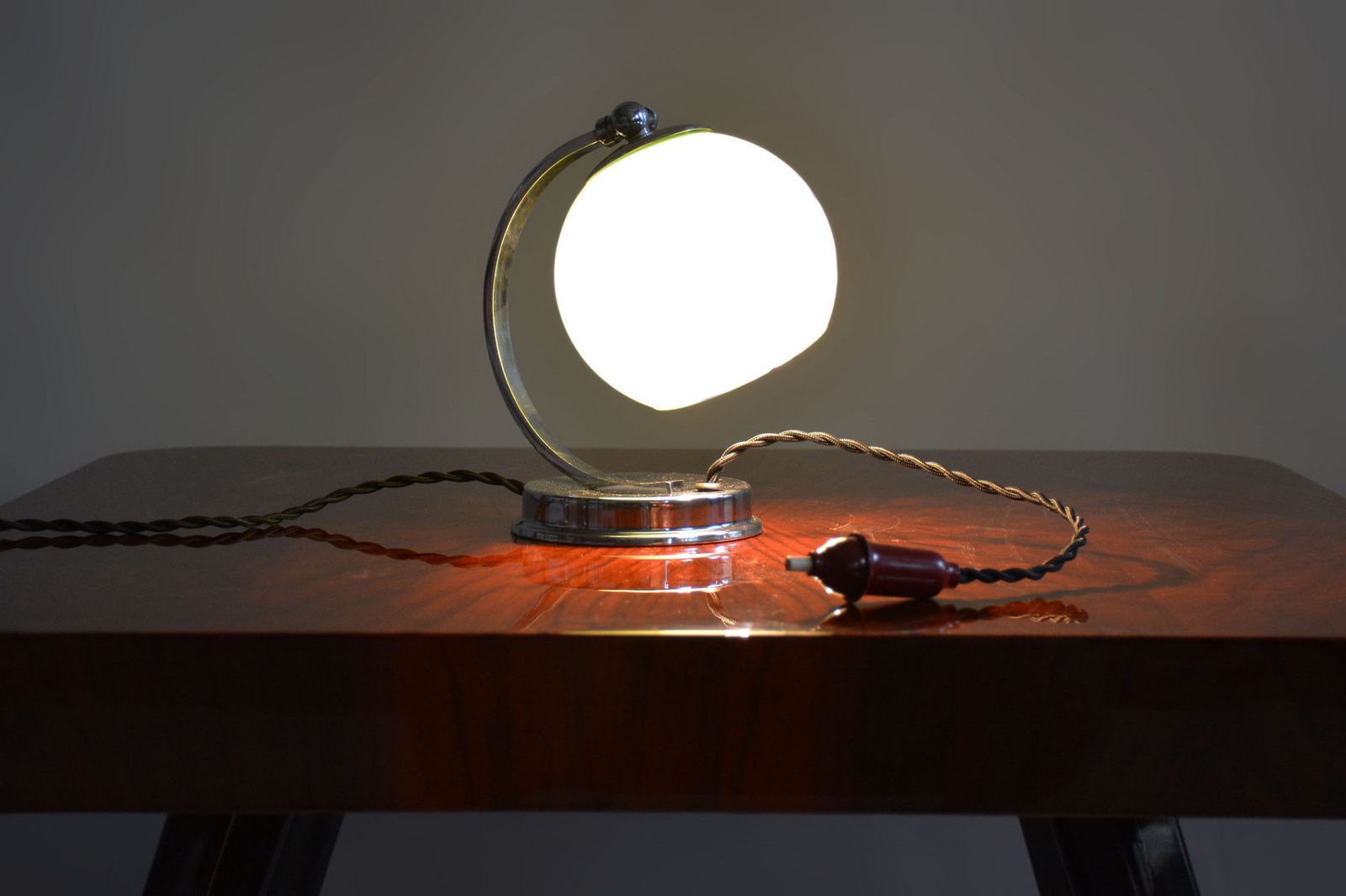 Restored Bauhaus Table Lamp, Chrome, Aluminium, Opaline Glass, Czech, 1930s photo vintage
