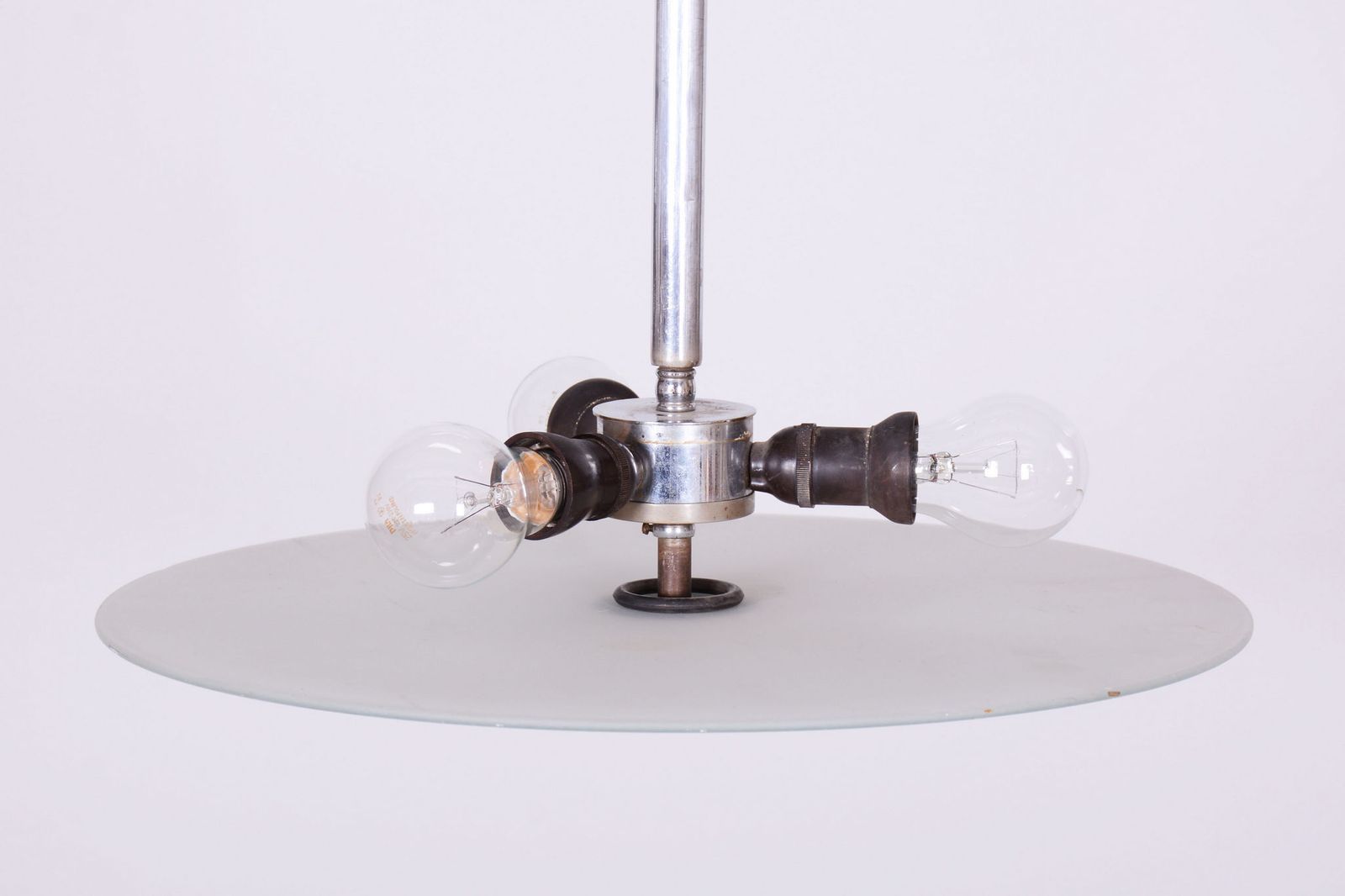 Restored Bauhaus Chandelier, Chrome Plated Steel, Frosted Glass, Czech, 1930s photo for sale