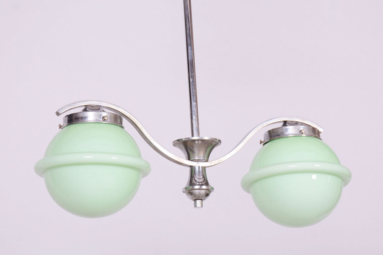 Restored Bauhaus Chandelier, Chrome Plated Steel, Opaline Glass, Czech, 1930s photo furniture